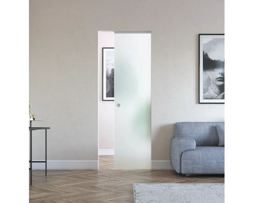Moderne Ganzglasschiebetür aus satiniertem Glas mit Griffmuschel für einen hellen Wohnraum mit Sofa und Parkettboden.