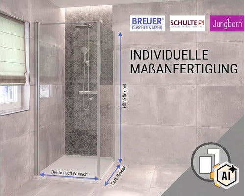 Moderne Dusche mit Glaswänden und Duschsystem in einem gefliesten Badezimmer, gekennzeichnet als individuelle Maßanfertigung. (Image AI modified or generated)