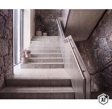 Moderne Innentreppe mit Fliesenstufen und seitlicher Natursteinwand in einem lichtdurchfluteten Treppenhaus mit Geländer aus Edelstahl. (Image AI modified or generated)