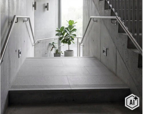 Moderne Treppe mit Fliesenbelag und Handlauf vor einer Sichtbetonwand mit Zimmerpflanzen im Hintergrund. (Image AI modified or generated)