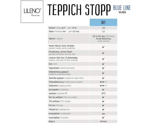 Produktdatenblatt Teppichstopp Blue Line Vlies Sky mit Eigenschaften und Siegeln