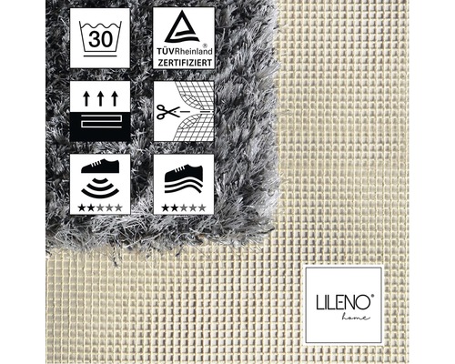 Detailansicht eines Shaggy-Teppichs mit Pflegehinweisen, TÜV Rheinland Zertifizierung und Lileno Home Logo.