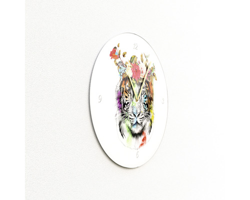 Wanduhr mit Tiger- und Blumenmotiv