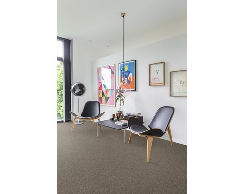 Wohnzimmer mit Teppichboden, zwei Stühlen und dekorativen Elementen
