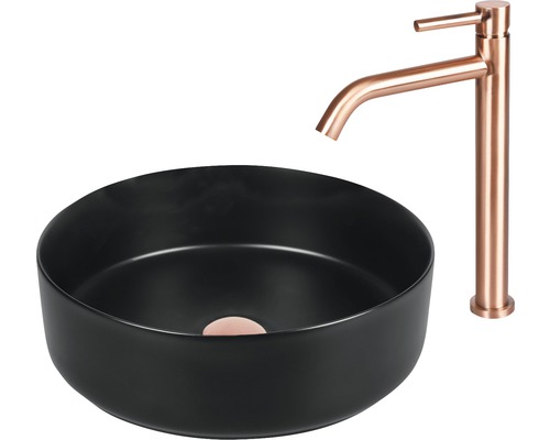 Schwarzes Aufsatzwaschbecken mit Armatur