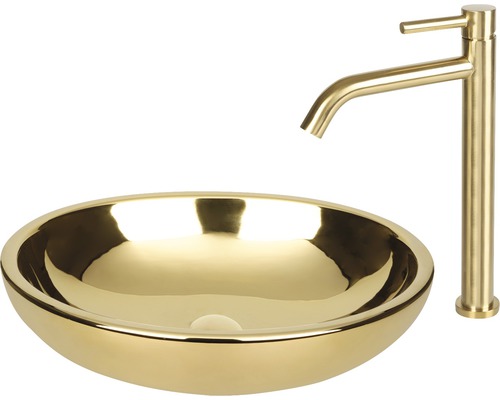 Goldfarbenes Aufsatzwaschbecken mit Armatur