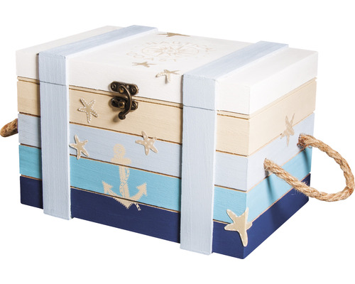 Dekorative Holzkiste mit nautischem Motiv und Seilgriffen
