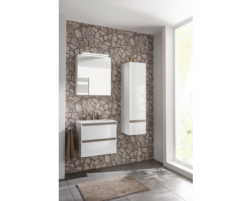 Badezimmer mit Waschtisch, Spiegel und Hochschrank vor einer Steinwand