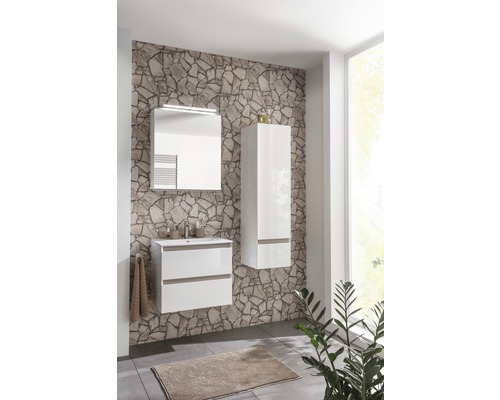 Badezimmer mit Waschbeckenunterschrank, Spiegelschrank und Hochschrank vor einer Steinwand
