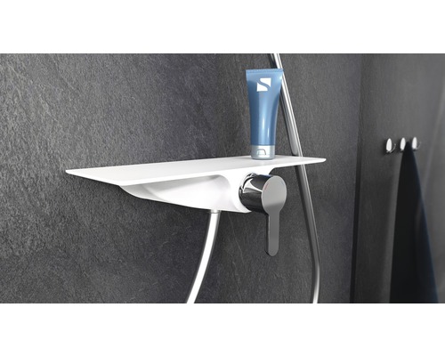 Duschearmatur mit Ablagefläche und Duschgel in einem Badezimmer