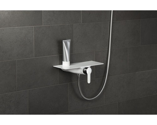 Brausearmatur mit Ablage und Duschgel an grauer Wand