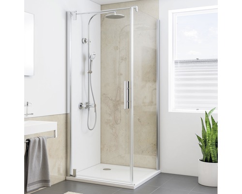 Duschrückwand BREUER Dekor Sandstein beige Hochglanz 150 x 255 cm Eckdusche mit Duschkopf und Handbrause im Badezimmer
