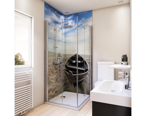 Duschrückwand BREUER Foto über Eck Boot 2x 90 x 210 cm Badezimmer mit Duschkabine, Waschbecken und Toilette