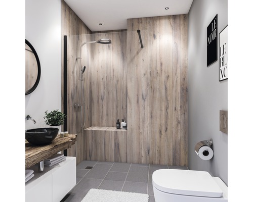 Duschrückwand BREUER Dekor Eiche Landhaus 100 x 210 cm Badezimmer mit Dusche, Waschbecken, Toilette und Holzverkleidung