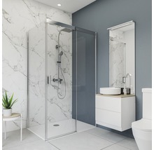 Modernes Badezimmer mit Dusche, Waschtisch und Spiegel