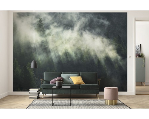 Wohnzimmer mit Fototapete Bergwald im Nebel, Sofa, Couchtisch und Dekoration