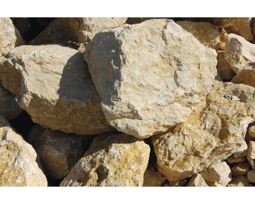 Fertiggabione 100 x 50 x 50 cm gefüllt mit Gabionensteinen Giallo Mori 70-120 mm Nahaufnahme von Bruchsteinen für den Gartenbau