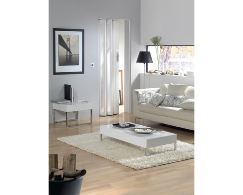 Helles Wohnzimmer mit Falttür, Sofa, Couchtisch und Dekoration