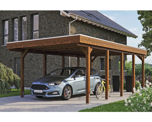 Einzelcarport SKAN HOLZ Friesland inkl. EPDM-Dachfolie und H-Pfostenanker 397 x 708 cm nussbaum