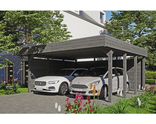 Doppelcarport SKAN HOLZ Friesland Set 3 inkl. Aluminium-Dachplatten, Seiten- und Rückwand, H-Pfostenanker 557 x 555 cm grau