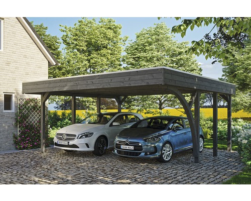 Doppelcarport SKAN HOLZ Friesland Set 7 inkl. Aluminium-Dachplatten, 1 Einfahrtsbogen, H-Pfostenanker 557 x 555 cm grau