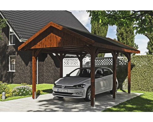 Einzelcarport SKAN HOLZ Wallgau inkl. schwarze Schindeln und H-Pfostenanker 380 x 500 cm nussbaum