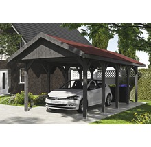 Einzelcarport SKAN HOLZ Wallgau inkl. rote Schindeln und H-Pfostenanker 380 x 750 cm grau