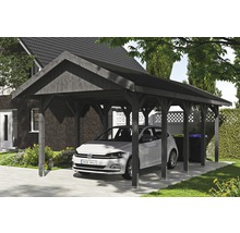 Holzcarport mit einem Auto davor