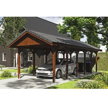 Einzelcarport SKAN HOLZ Wallgau inkl. Dachlattung und H-Pfostenanker 380 x 900 cm nussbaum