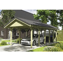Freistehender Holzcarport mit Auto und Mülltonnen