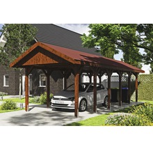 Einzelcarport SKAN HOLZ Wallgau inkl. rote Schindeln und H-Pfostenanker 380 x 900 cm nussbaum