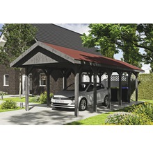 Einzelcarport SKAN HOLZ Wallgau inkl. rote Schindeln und H-Pfostenanker 380 x 900 cm grau