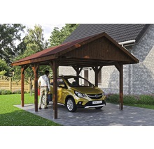 Einzelcarport SKAN HOLZ Wallgau inkl. rote Schindeln und H-Pfostenanker 430 x 500 cm nussbaum