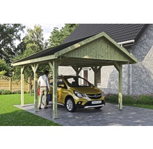 Holzcarport mit Auto auf dem Stellplatz
