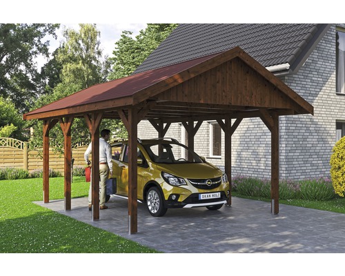 Einzelcarport SKAN HOLZ Wallgau inkl. rote Schindeln und H-Pfostenanker 430 x 600 cm nussbaum