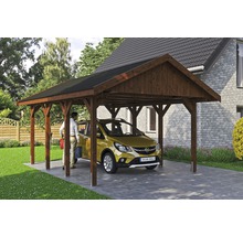 Einzelcarport SKAN HOLZ Wallgau inkl. schwarze Schindeln und H-Pfostenanker 430 x 600 cm nussbaum