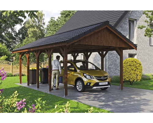 Einzelcarport SKAN HOLZ Wallgau inkl. Dachlattung und H-Pfostenanker 430 x 750 cm nussbaum