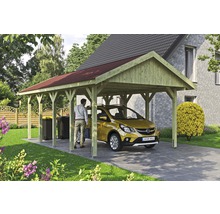 Carport aus Holz mit rotem Dach und Auto