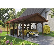 Einzelcarport SKAN HOLZ Wallgau inkl. rote Schindeln und H-Pfostenanker 430 x 750 cm nussbaum