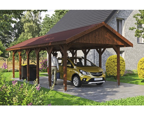 Einzelcarport SKAN HOLZ Wallgau inkl. rote Schindeln und H-Pfostenanker 430 x 900 cm nussbaum