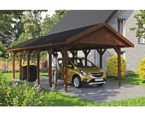 Einzelcarport SKAN HOLZ Wallgau inkl. schwarze Schindeln und H-Pfostenanker 430 x 900 cm nussbaum