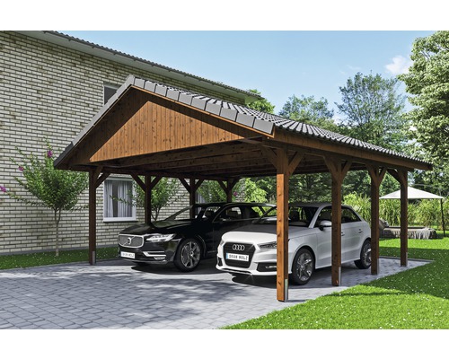 Doppelcarport SKAN HOLZ Wallgau inkl. Dachlattung und H-Pfostenanker 620 x 600 cm nussbaum