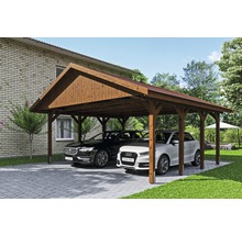 Doppelcarport SKAN HOLZ Wallgau inkl. rote Schindeln und H-Pfostenanker 620 x 600 cm nussbaum
