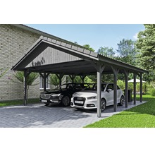 Doppelcarport aus Holz mit zwei parkenden Autos