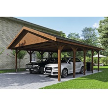 Doppelcarport SKAN HOLZ Wallgau inkl. schwarze Schindeln und H-Pfostenanker 620 x 750 cm nussbaum