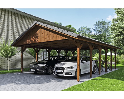 Doppelcarport SKAN HOLZ Wallgau inkl. Dachlattung und H-Pfostenanker 620 x 900 cm nussbaum