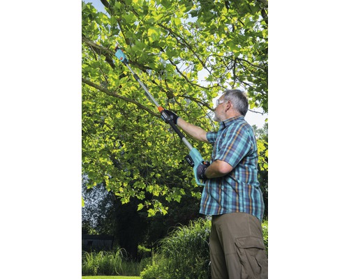 Mann schneidet Baumäste mit einer Akku-Astsäge