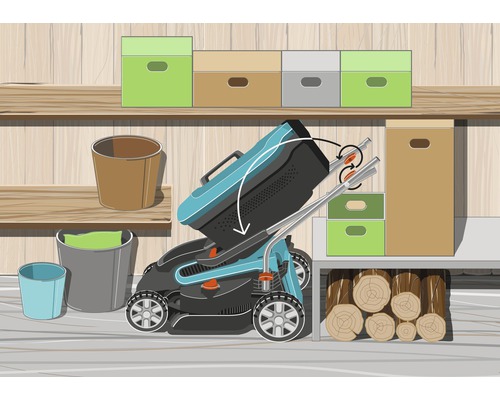 Illustration eines Rasenmähers mit klappbarem Griff zur platzsparenden Aufbewahrung