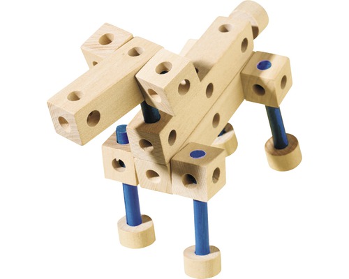 Holzbausteine zu einer abstrakten Tierform zusammengesetzt