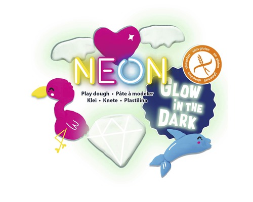 Neon Knete mit Motiven und dem Hinweis glutenfrei und im Dunkeln leuchtend
